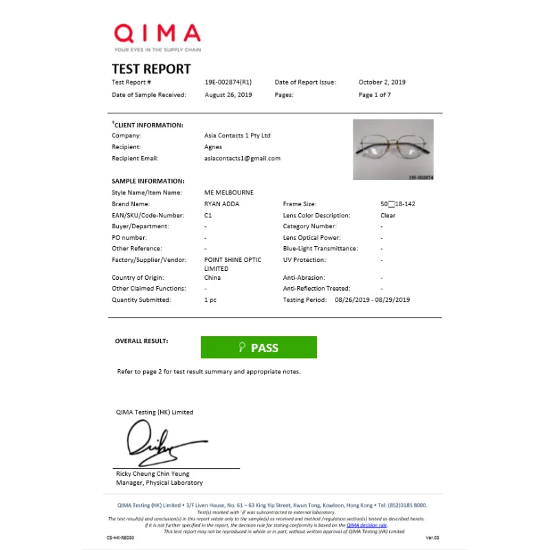 The image displays two pairs of eyeglasses shown from different angles on a plain background, along with some text and a barcode for identification.