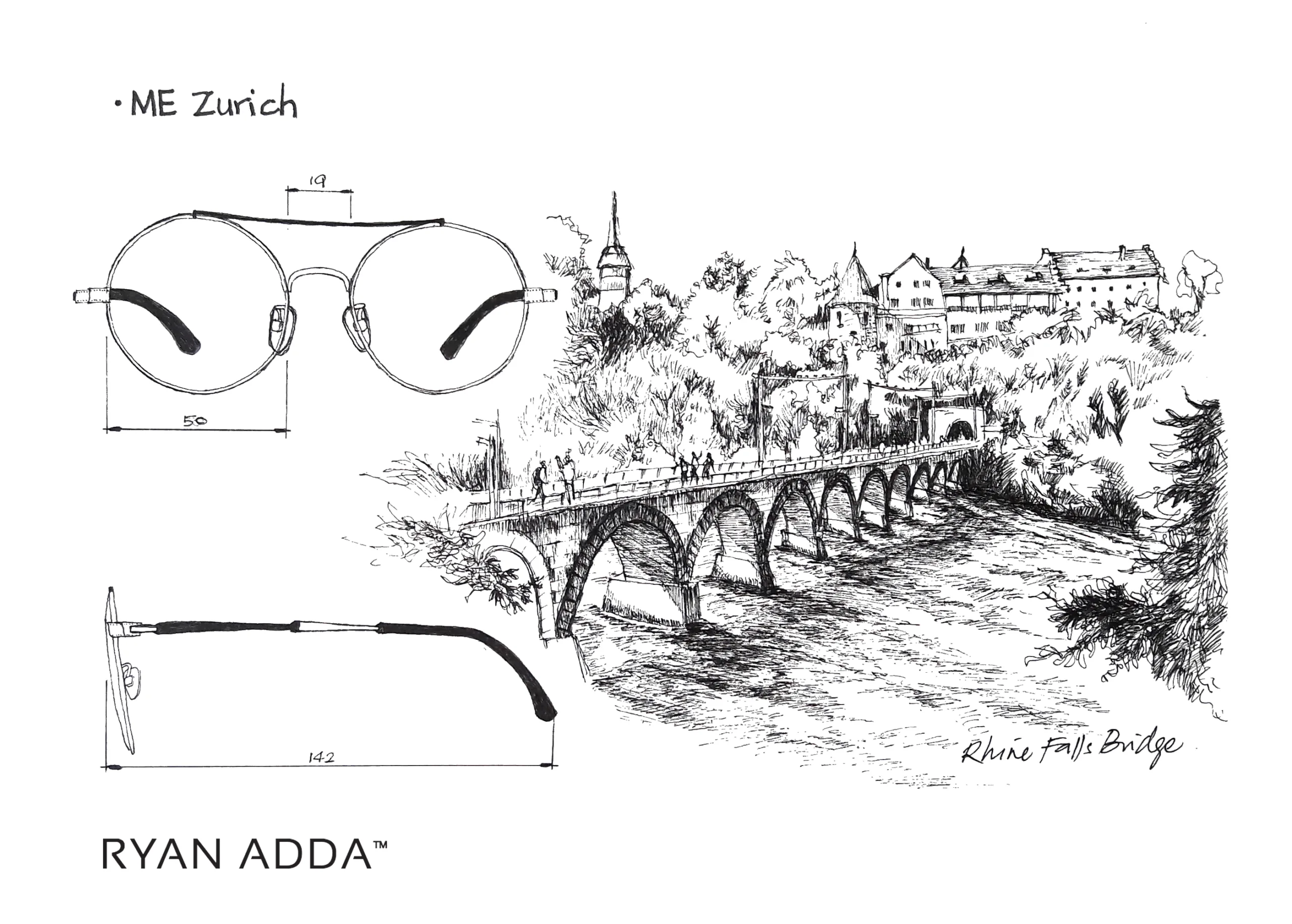 The image features a sketch of a bridge called 'Rhine Falls Bridge' and illustrations of eyeglasses with measurements and the text 'ME Zurich' and 'RYAN ADDA'.